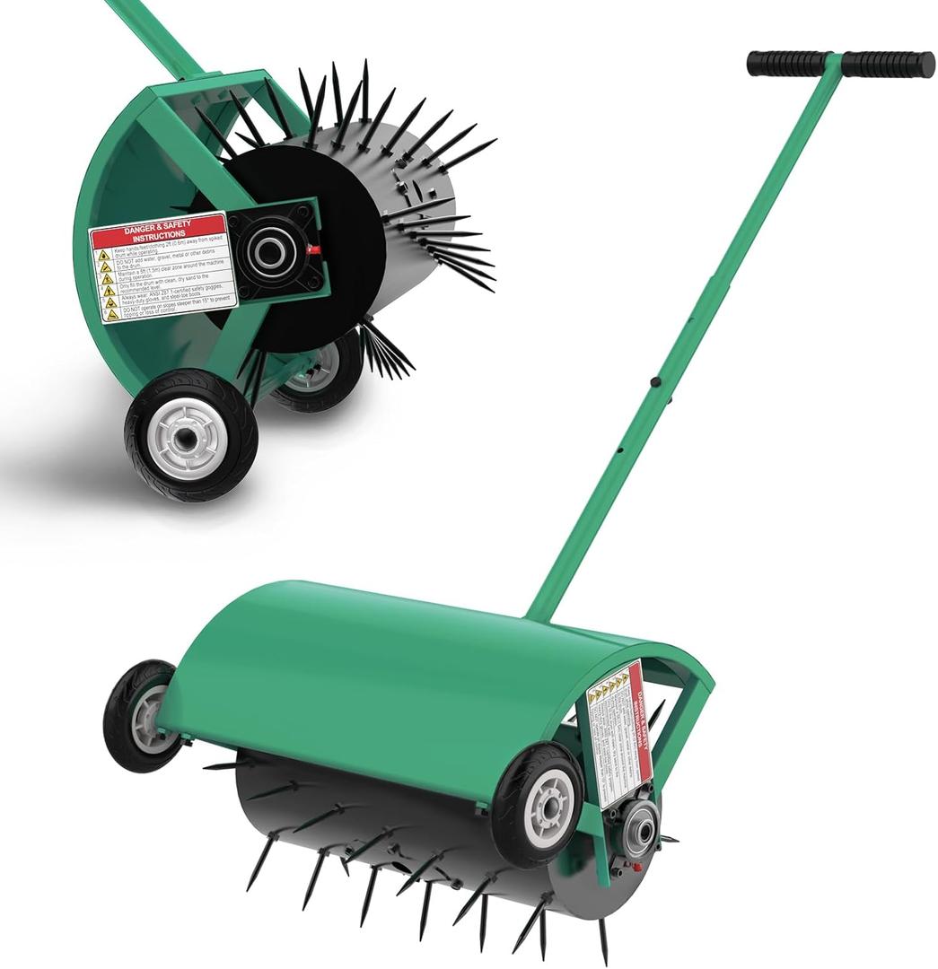 24 Inch Rolling Lawn Aerator, Heavy Duty Manual Aerator Tool, Up to 70 lbs, Push Spike Aeration Tool with 42 Spikes, Suitable for Lawns, Garden, and Yard Grass Aeration [Green]