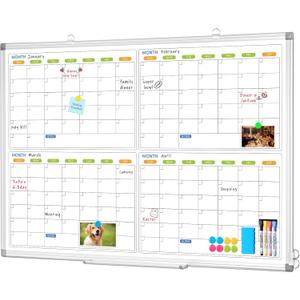 Dry Erase Calendar for Wall 4 Month, WALGLASS 36" x 24" Large Double-Sided White Board Calendar, Dry Erase Monthly Planner Board, Silver Aluminum Frame Hanging Wall Mounted for Office Home School