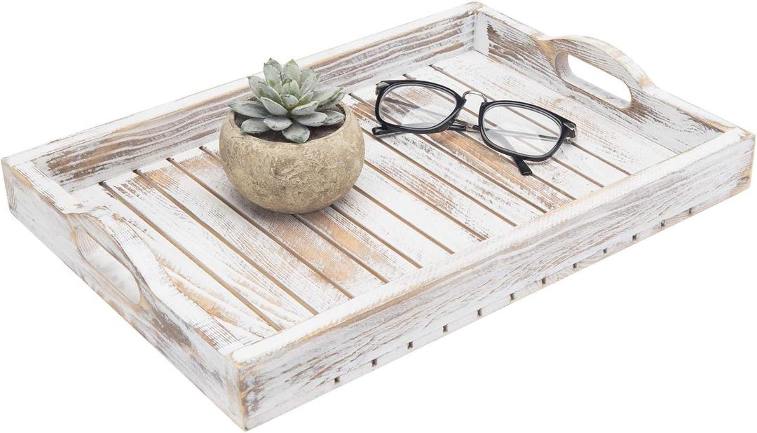 MyGift Shabby Chic Whitewashed Wood Breakfast Serving Tray with Cutout Handles with Slatted Design, Breakfast Ottoman Coffee Table Tray, 16 x 11 Inches