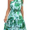 PRETTYGARDEN Women's Summer Tie One Shoulder Boho Floral Dress Elastic Waist Tiered Ruffle A Line Flowy Mini Dresses (Print Green,Small)