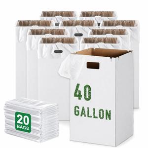 40 Gallon Disposable Cardboard Trash Cans (10 Pack), Extra Strong Corrugated Garbage and Recycling Containers with 20 Liners, White Pop Up Trash Bins with Handles for Outdoor Party, Festival, Concert