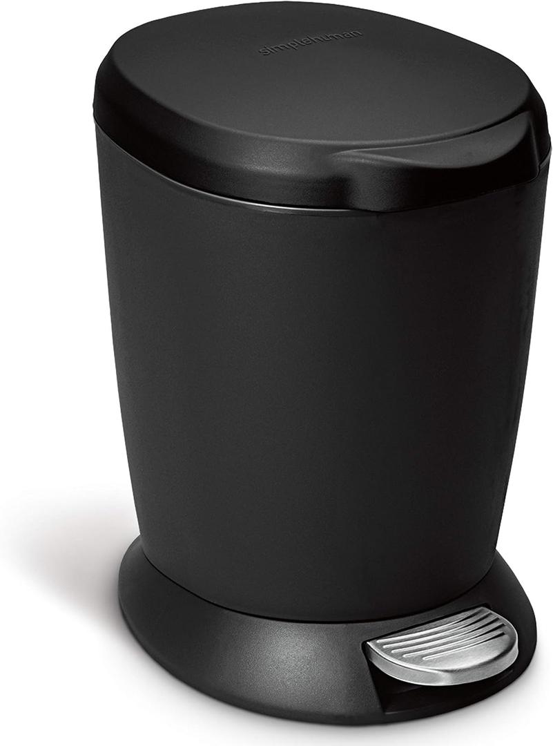 simplehuman 6 Liter / 1.6 Gallon Compact Plastic Round Bathroom Step Trash Can, Black