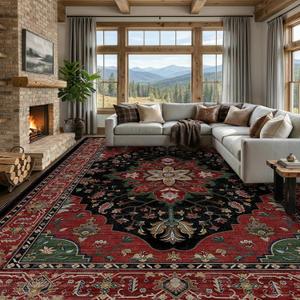 RELEANY Washable Area Rug, Large 9'x12', Red/Black | Non-Slip, Water Repellent, Pet Friendly, Easy to Clean, Vintage Floral Boho Decor for Living Room Bedroom Dining Room