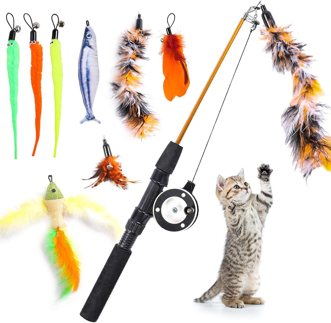 9 PCS Cat Fishing Pole Toy, Retractable Cat Feather Toys with Cat Wand Plush Fish Worm Feathers with Bells Catnip Interactive Cat Teaser Toys for Kitten Cat