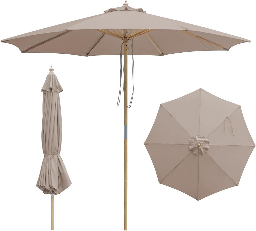 9FT/10FT Wood Patio Umbrella, Large Outdoor Table Pool Umbrella