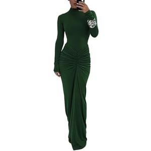 Womens Sexy Maxi Dress Long Sleeve Ruched Bodycon Turtleneck Club Party Casual Wedding Dresses (Large, Green)