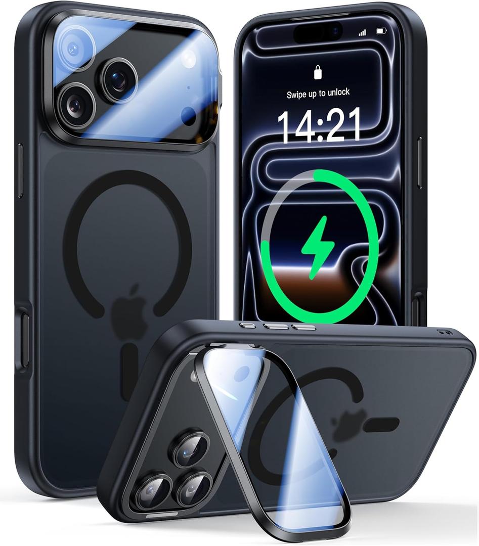 [Upgraded Full Camera Protection] for iPhone 17 Pro Case with Camera Cover Stand [Fit for MagSafe][10FT Mil-Grade Protection] Translucent Magnetic iPhone 17 Pro Phone Case, Black