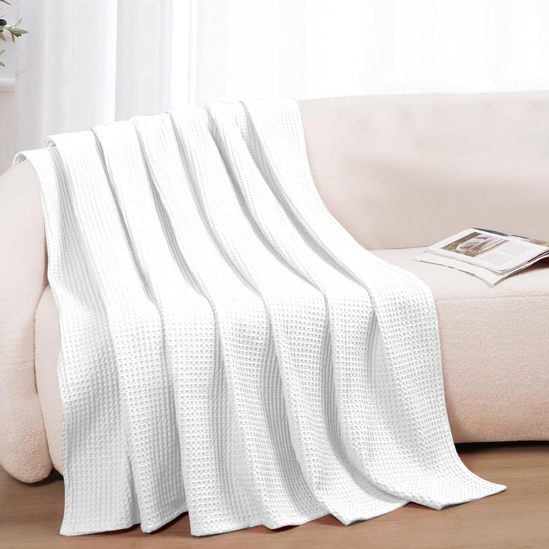 100% Cotton Blankets for Bed - Waffle Weave Blankets for Summer, Lightweight and Breathable Soft Woven Blanket for Spring (White, Throw (50" x 60"))