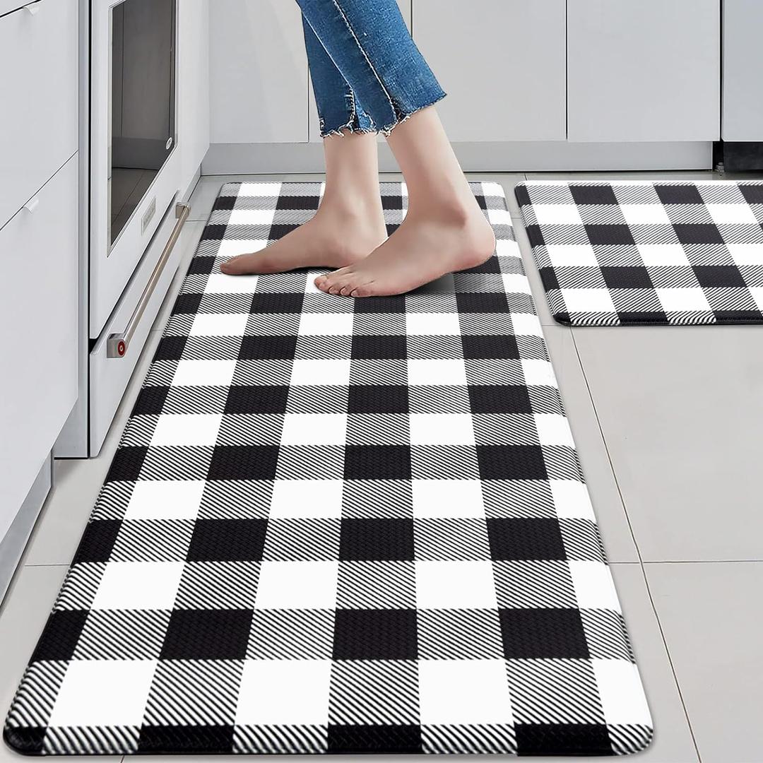 MAYHMYO 2 PCS Anti Fatigue Rugs Non Skid Waterproof Floor Mat Cushioned Black and White Farmhouse Comfort Standing Kitchen Mats for Floor, House, Sink, Office (17.3"x 29"+ 17.3"x 47"--0.4 inches)