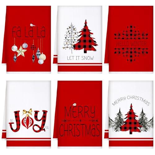 Geyoga 6 Pcs Merry Christmas Kitchen Towels Buffalo Plaid Xmas Tree Dish Towels Hand Towel Tea Towel Absorbent Soft Drying Cloth for Holiday Housewarming Gifts, 16x24 Inch(Red White)