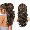 SEIKEA Ponytail Extension, 22" Long Wavy Curly Drawstring Ponytail Multi-layered Fluffy Thick Clip in Hair Extensions Natural Soft Synthetic Hairpiece Chocolate Brown with Caramel Blonde Highlights