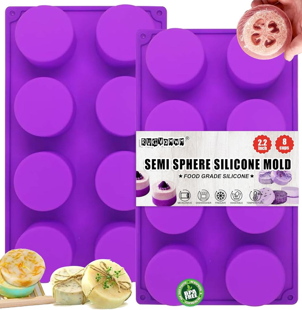 (2 Pack) 8-Cavity Round Silicone Mold for Soap, Cake, Bread, Cupcake, Cheesecake, Cornbread, Muffin, Brownie, and More (Purple)