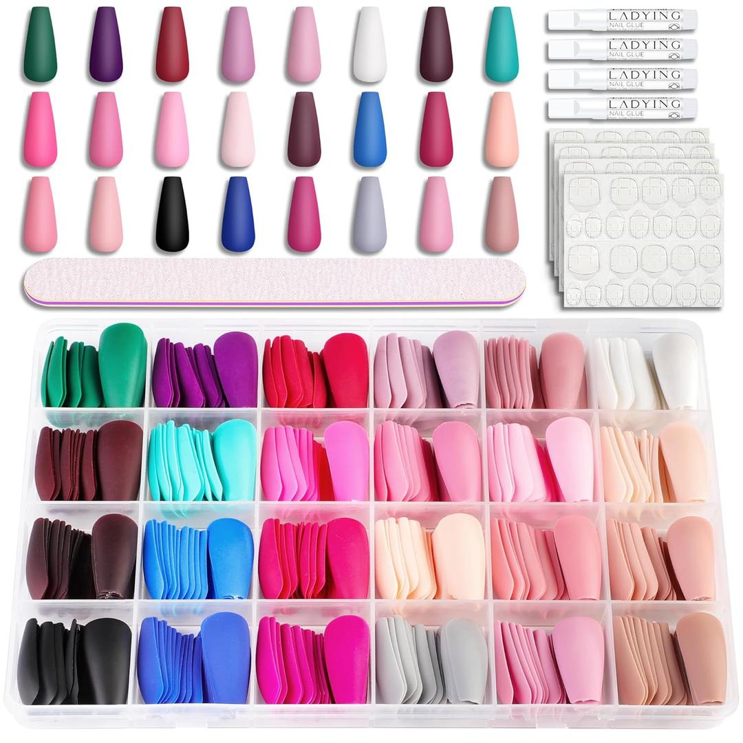 Press On Nails - LADYING 576 Pcs Medium Length T Shape Fake Nails with Nail Glue,Matte Press On Nails Full Cover Acrylic False Nail Art,24 Color Stick On Nails With Four (6g) Nail Glue for Nail DIY