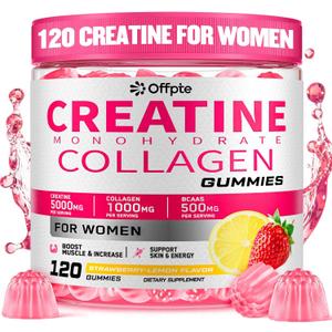 Creatine for Women, 5000mg Complex with Collagen & BCAAs, Vitamin B12, Creatine Monohydrate Gummies for Women, for Lean Muscles, Booty, Focus & Energy, Pre-Workout Chewbles, Sugar-Free, 120 Count, EXP: 03/2028