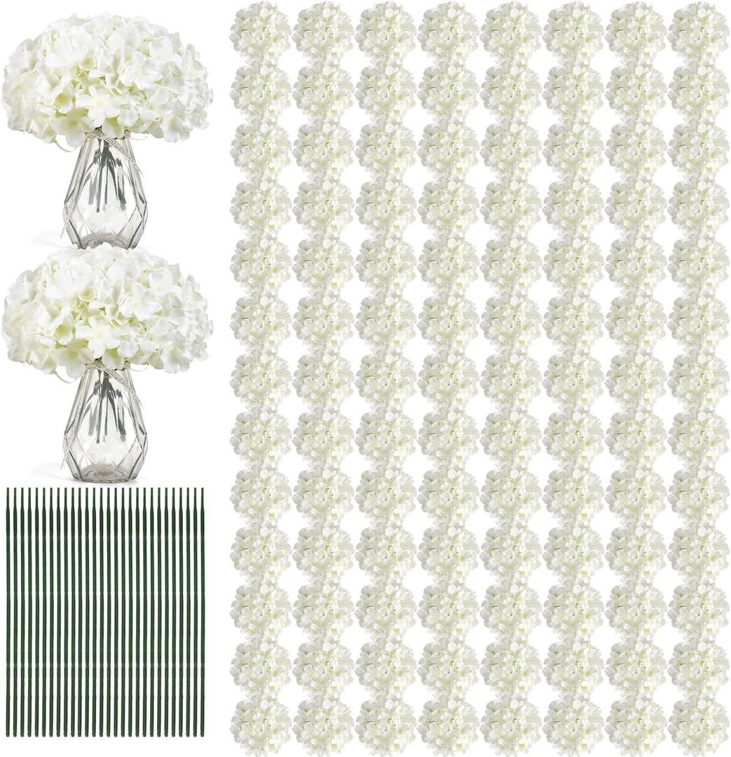 Auihiay 204PCS Hydrangea Artificial Flowers, Silk Artificial Hydrangea Flowers Heads with Stems, Faux White Flowers for Wedding Centerpieces, Arch and Background, Bridal Shower and Home Decor (Ivory)