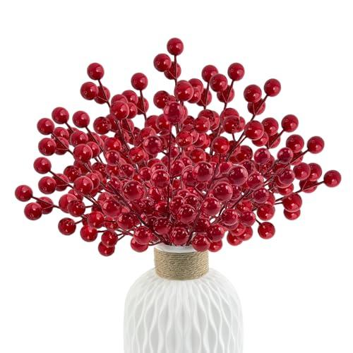 Morofme 40pcs Artificial Berry Stems Branches Red Faux Holly Berries Picks Ornaments Christmas Faux Holly Berries Branches Red Berry Stems for Christmas Tree Wreath DIY Craft Decorations