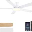 BYKISTOK 52In Flush Mount Ceiling Fans with Lights - White Low ProfileCeiling Fan with Remote/APP, Reversible, 3CCT Dimmable, Modern Fan Light for Indoor Living Room, Outdoor Covered Patios