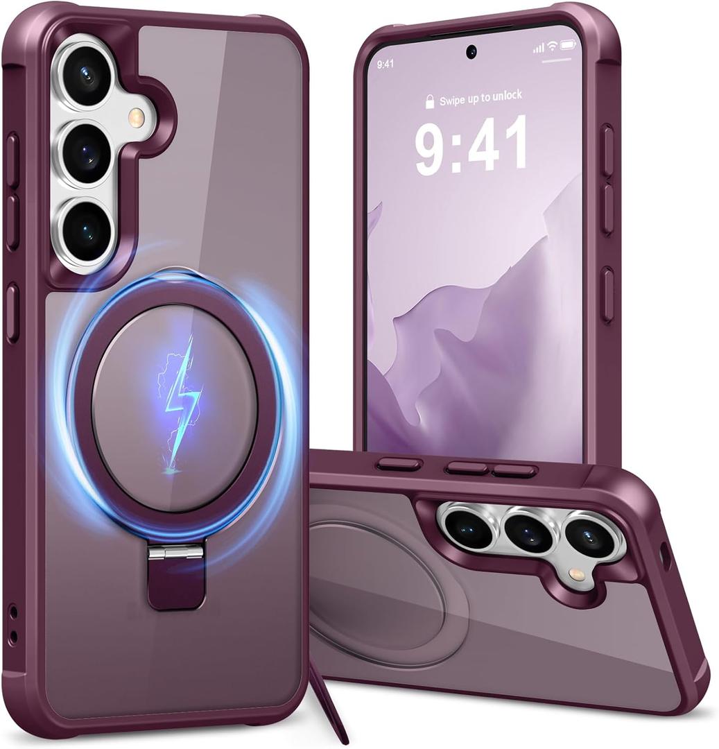 Hocase for Samsung Galaxy S25 Plus Case, with Ring Stand [Magnetic Wireless Charging Supported] [Military Grade Protection] Slim Shockproof Translucent Protective Phone Case - Wine Red