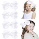 4 PCS 6" Big Hand-made Grosgrain Ribbon Solid Color Hair Bows Alligator Clips Hair Accessories for Little Teen Toddler Girls Kids Set of4 (White)