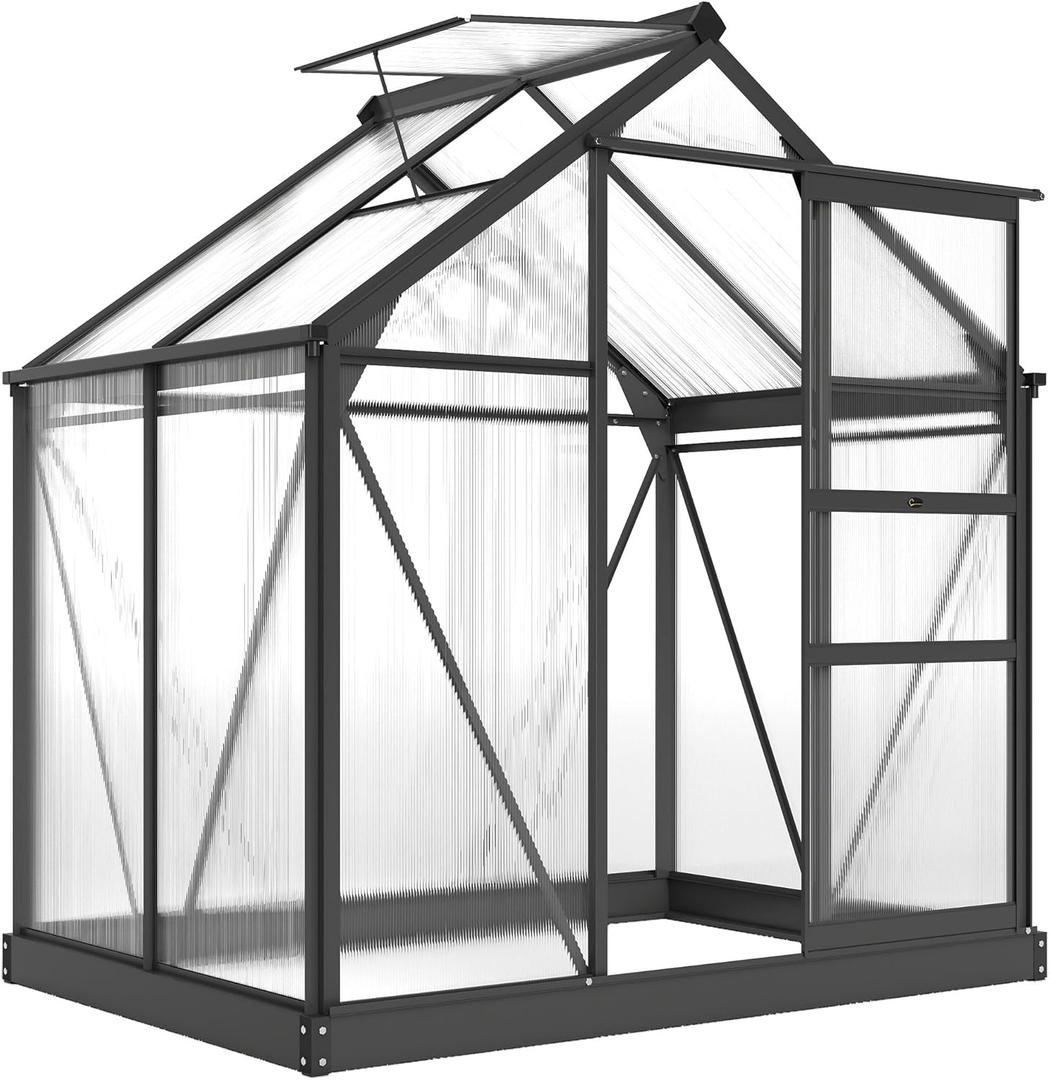 Outsunny 6' x 4' Greenhouse for Outdoors, Polycarbonate Greenhouse with Rain Gutter and Roof Vent, Aluminum Walk-in Green Houses for Outside for Patio Backyard Garden, Gray (74.75" x 52" x 79.25")