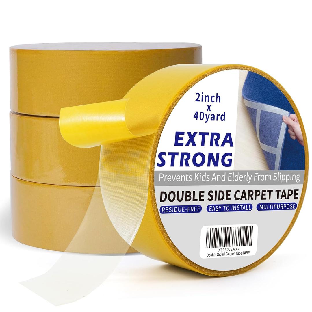 Heavy-Duty Double Side Carpet Tape, Carpet Tape for Rug, Wood, Floor, Residue-Free Rug Tape, Multipurpose Gripper Non Slip Tape, 2inch X 40yard, 4 Rolls (Yellow)