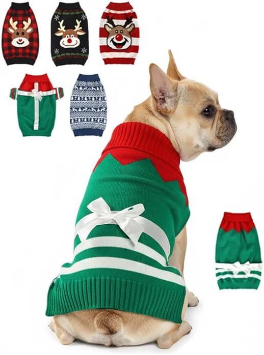 Dog Christmas Sweater, Soft Warm Pet Clothes Coat for Small Medium Large Dogs and Cats Boy Girl, Fall Cozy Holiday Turtleneck Knitting Collar Pullover Pup Outfit Costume for Thanksgiving New Year (Red Green Sleeveless, XXL)