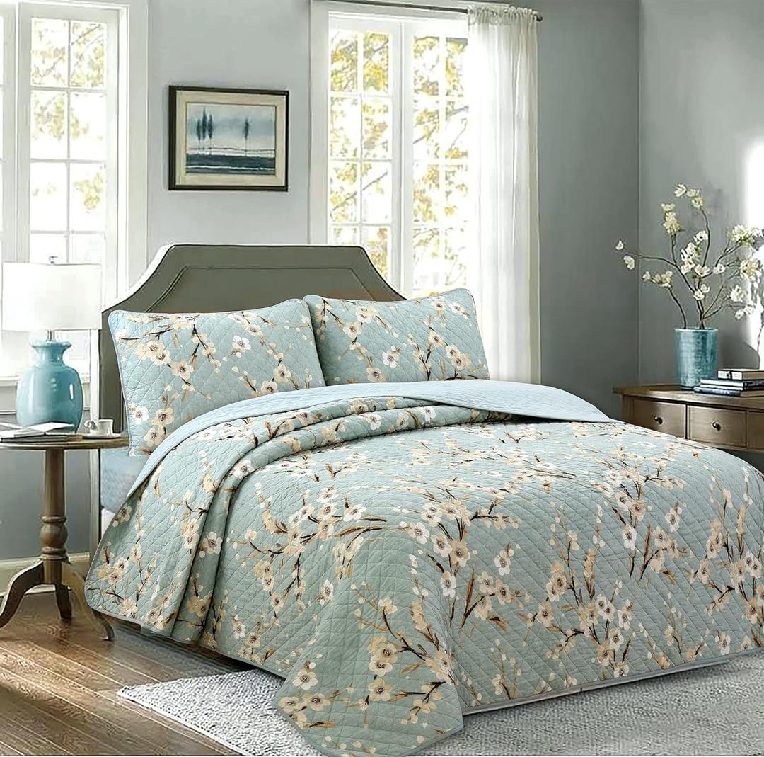 Cozy Line Home Fashions Aqua Teal Turquoise Floral Cherry Blooming 100% Cotton Reversible Quilt Bedding Set, Coverlet, Bedspread (Plum Blossom, Queen - 3 Piece)
