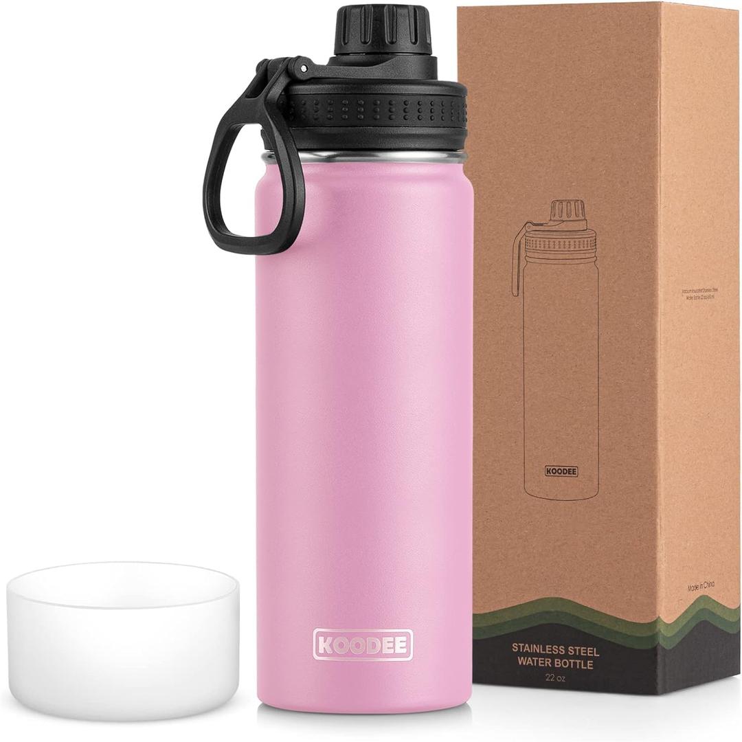 koodee Insulated Water Bottle, 22 oz Stainless Steel Double Wall Vacuum Wide Mouth Sport Bottle with Leakproof Spout Lid (Pink)
