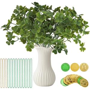 Watayo 26 Pcs St. Patrick's Day Branches Picks with Beaded Coins, Artificial Shamrock Plant Bunch Beads Chain Coins, Irish Faux Clover Flower Greenery Stems Decor for Vase Filler Table Centerpiece