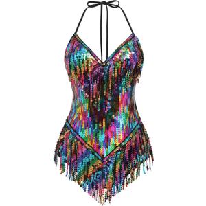 IBAKOM Sexy Sequins Fringe Bodysuit Halter Lace Up Back Jazz Latin Dance Tassel Leotard Acrobat Costume Rave Concert Outfits (Large, Black Rainbow)