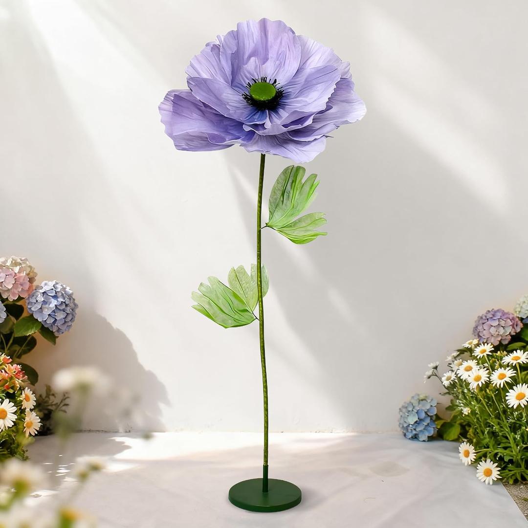 Standing Corn Poppy, Giant 5.58ft Life-Size Faux Blooms with Flexible Stem Metal Base Oversized Wedding Arch Decor,Garden Window Display(Purple,1)