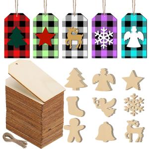 Blulu 90 Pieces Blank Wooden Gift Tags with Holes and Twine, Unfinished Christmas Craft Hanging Ornaments to Paint Slice Wood Tags for Xmas Tree Decorations