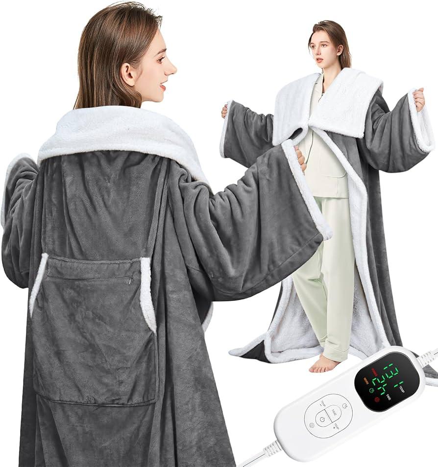 Wearable Heated Blanket Electric Snuggle with Foot Pocket/Sleeves, 59x70 Inch Heated Throw Blanket with for Women Men Adults, Super Soft Flannel & Sherpa Blanket Warmer for Home Office, Gray