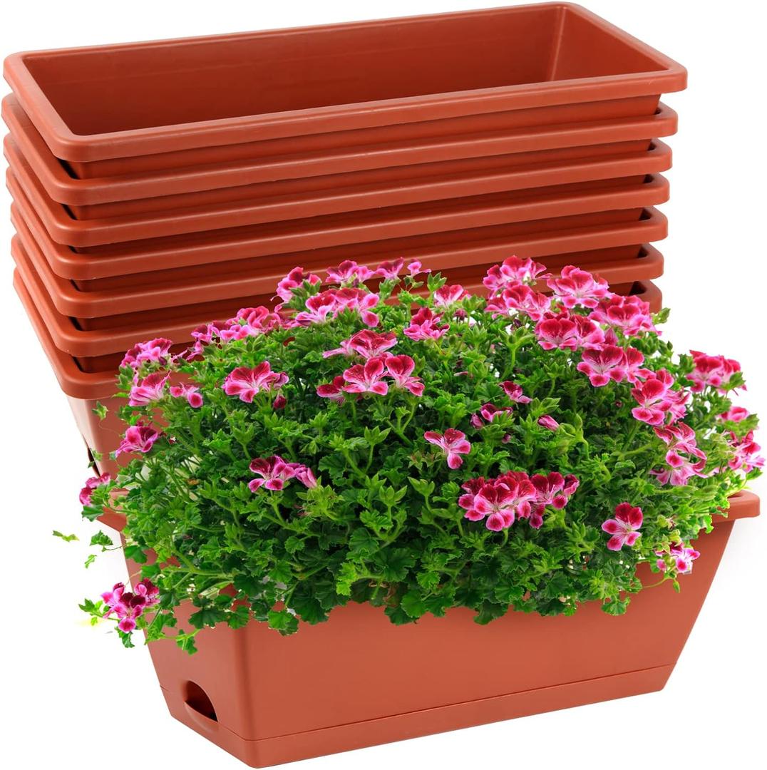 8pcs Window Box Planter,17 Inches Flower Window Boxes, Rectangle Planters Box with Drainage Holes and Trays, Plastic Vegetable Planters for Windowsill Patio Garden Home Decor Porch Yard (Red)