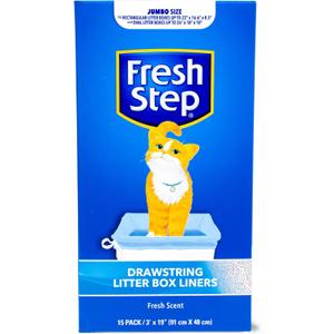 Fresh Step Drawstring Cat Litter Box Liners, Fresh Scent - Kitty Litter Bags for Rectangle or Oval Large Litterboxes, Size Jumbo, 36" x 19" - 15 Count