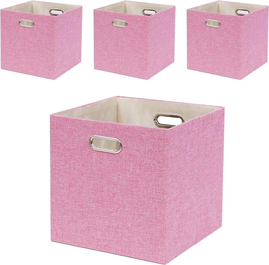 Pink Cube Storage Organizer Bins 13x13x13 Inch, 4 Pack Collapsible Organization Baskets with Handles, Thick Fabric Foldable Storage Boxes for Kallax Shelf Bookcase Closet Cabinet