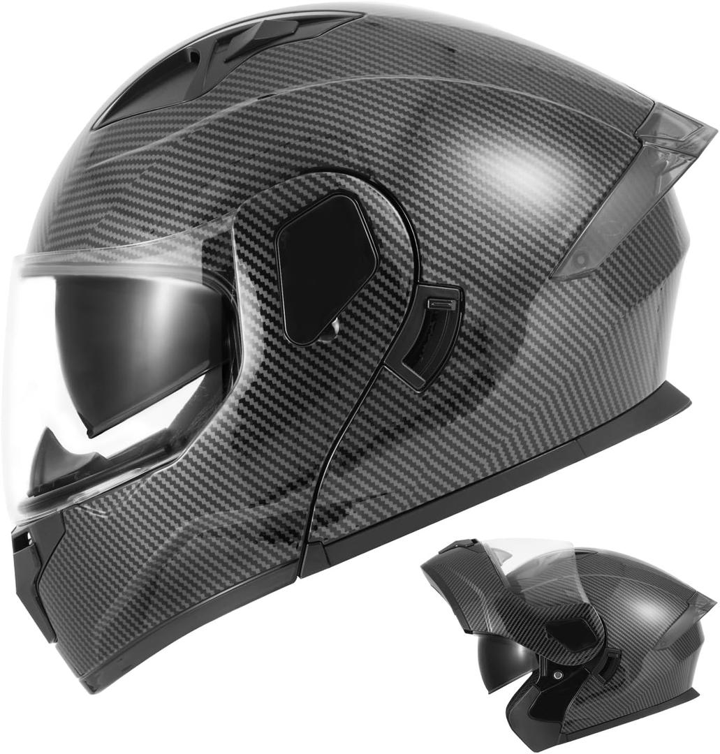 Modular Motorcycle Helmet DOT Approved, Lightweight Full Face Flip Up ATV Street Dirt Bike Helmet Dual Visor Sun Shield for Adult Men Women (Carbon Fiber, Large) (Black)