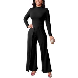 Women's Elegant Long Sleeves Work Loose Wide Leg Pants Clubwear Party Dressy Jumpsuits (XL)