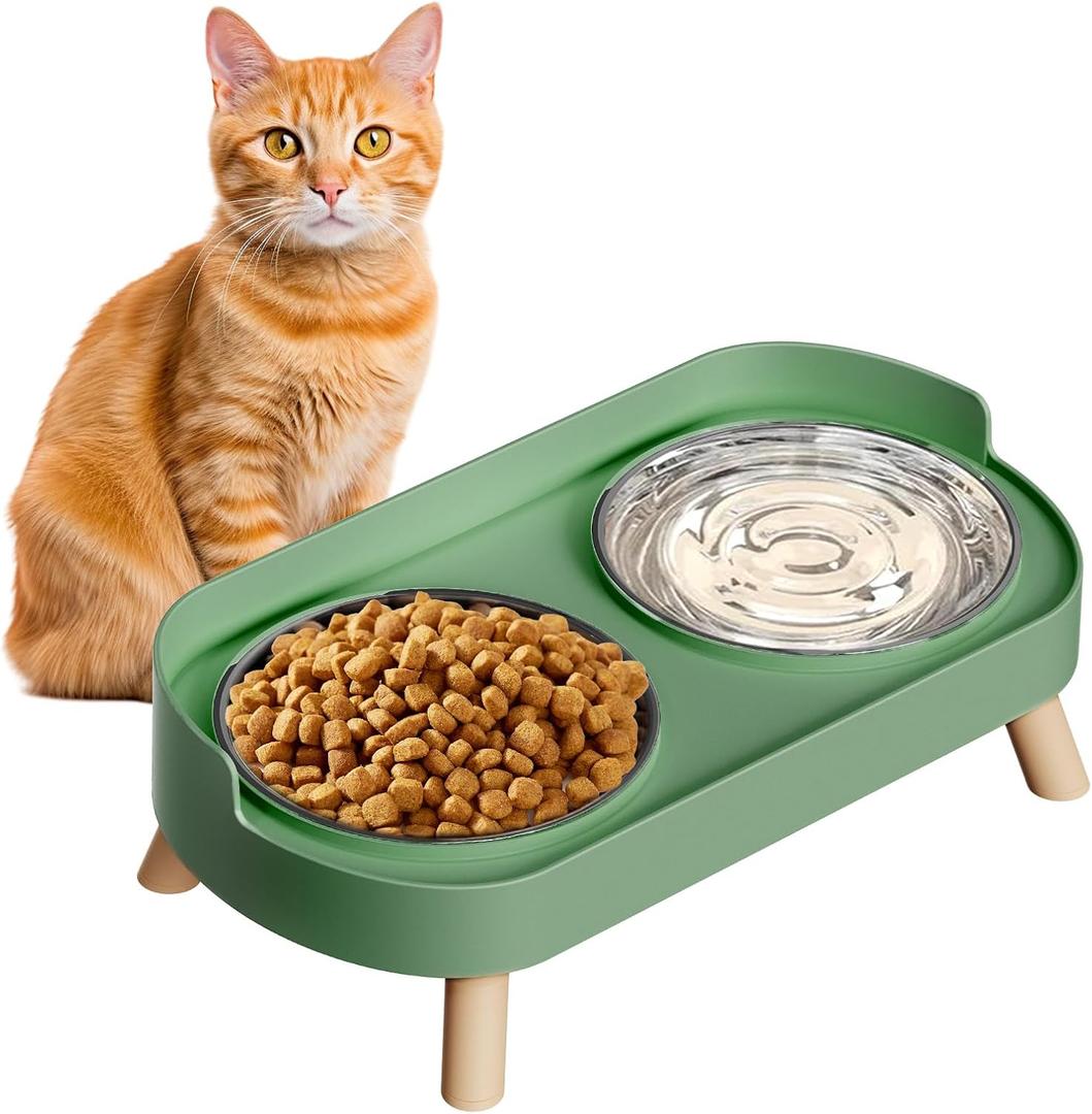 Elevated Cat Bowl, Raised Cat Food and Water Bowl Set for Indoor Cats, Splash Proof with 2 Stainless Steel Pet Food Bowls for Cats and Puppies, Whisker Fatigue and Dishwasher Safe - Green