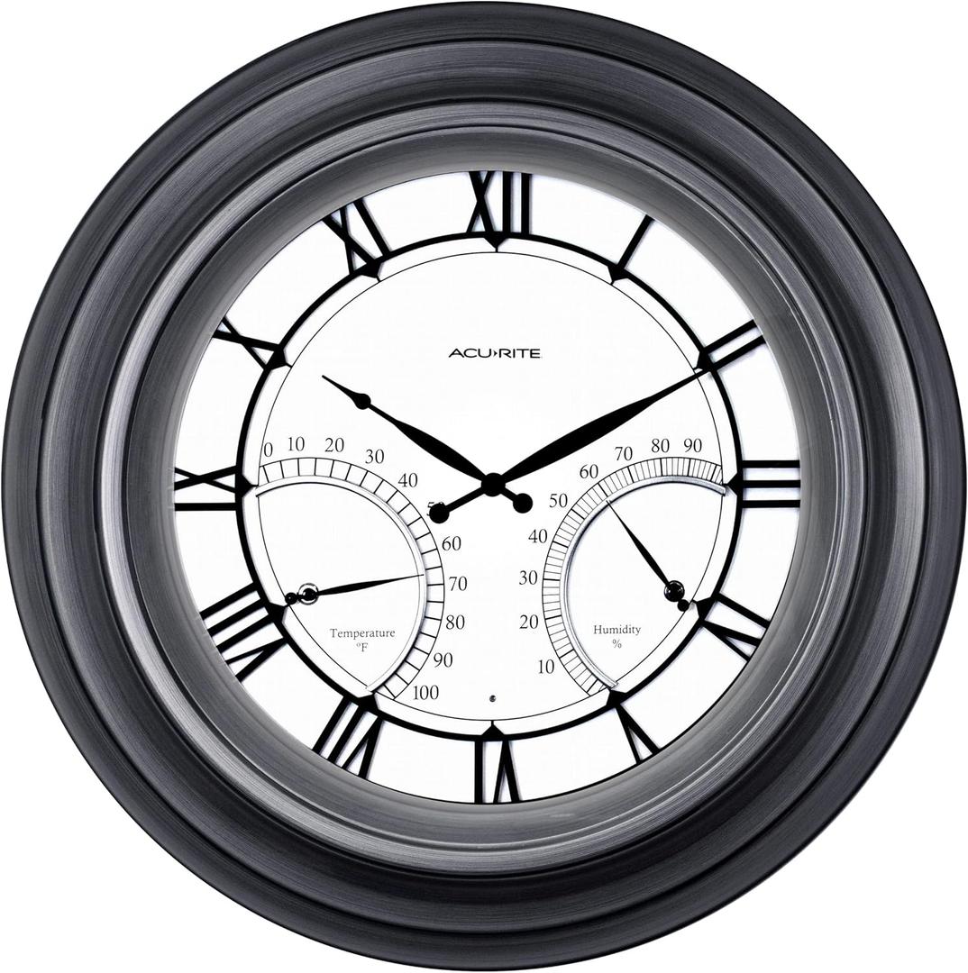 AcuRite 24 Illuminated LED Large Outdoor Decorative Clock with Thermometer and Hygrometer Combo (75026M), Pewter