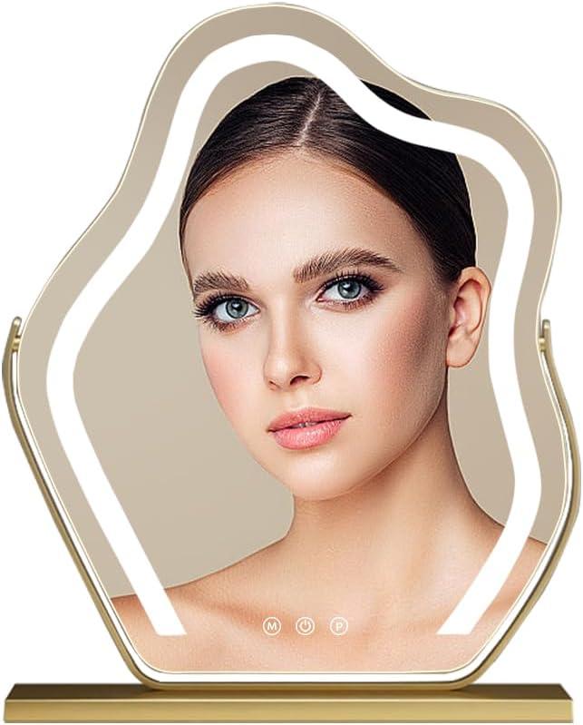 Cloud-Shaped Makeup Mirror with Lights,NO Assembly Required,Painted Gold/Black, 3 Color Modes, Touch Controls, 360 Rotation, 10X Magnifier (Painted Gold)