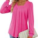 Funlingo Women's Puff Long Sleeve Tops Dressy Casual Square Neck Pleated Work Blouse Fall Trendy Tunic Flowy Chiffon Shirts (S)