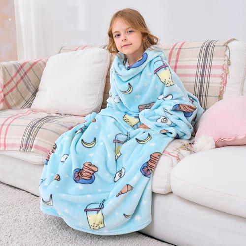 Softan Kids Snuggies Wearable Fleece Blanket with Sleeves & Foot Pocket for Kids Girls Boys, Lightweight Soft Blanket,Snacks, S