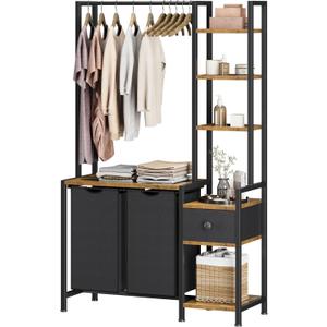 Laundry Hamper with Shelf, 5 Tiers Tall Laundry Basket Sorter with 2 Pull-Out and Removable Bags, Clothes Rack with Laundry Sorter for Laundry Room Bathroom Bedroom, Rustic Brown