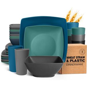 Teivio 32-piece Plastic Wheat Straw Square Dinnerware Set for 8, Unbreakable Dinner Plates, Salad Plates, Snack Bowls, Tumblers 20 oz, Dishwasher Safe, Coastal Multicolor