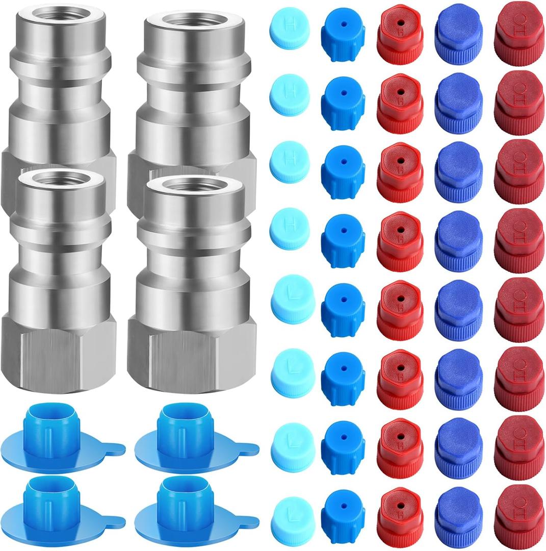Gisafai 4 Pack R12/R22 to R134a Adapter Conversion Kit High/Low AC Retrofit Fitting Adapter 1/4'' to 7/16"-20 and 40 Pcs Dust Cap Coupler Connection for Car AC Air Conditioner Refrigerant(Silver)