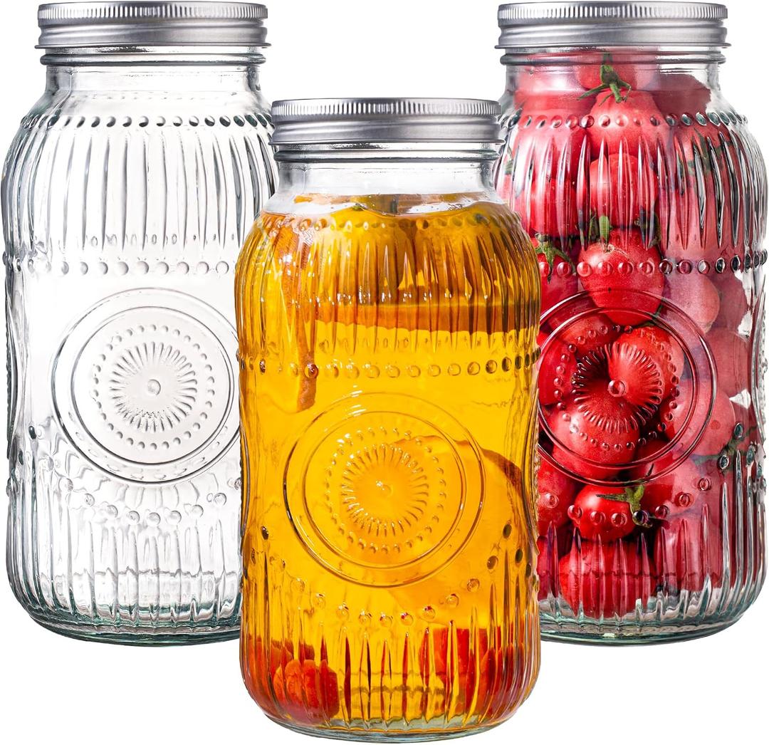 Amzcku 64oz vintage Mason Jars with Lids, Wide Mouth 2 Quart Canning Jar Half Gallon, Safe For Storage, Canning, Pickling, Preserving, Fermenting, DIY Crafts & Decor 3 Pack