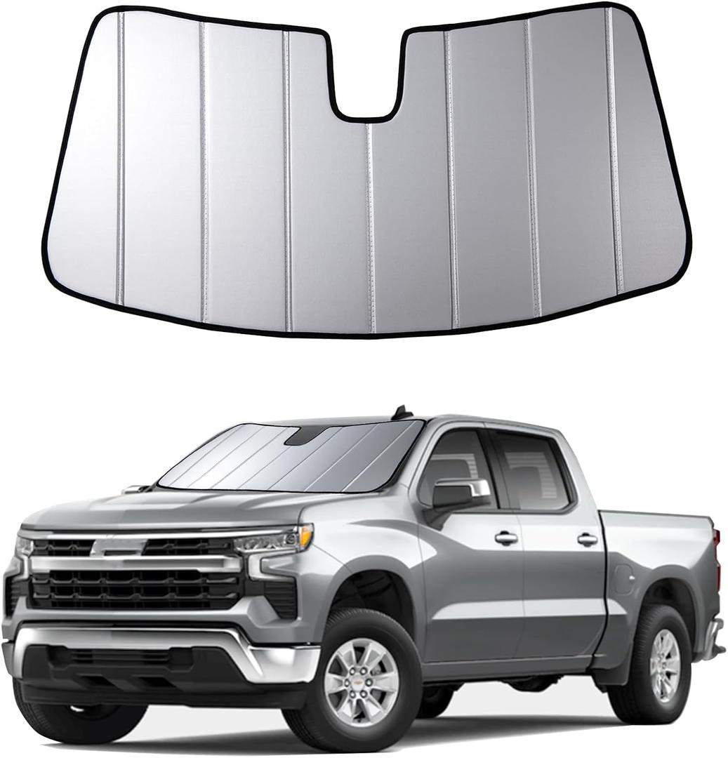 2019-2025 Silverado 1500 Windshield Sun Shade Compatible for Chevrolet GMC Sierra 1500, 2020-2025 Silverado/Sierra 2500HD 3500 HD Foldable Sun Visor Front Window Sunshade with Storage Bag