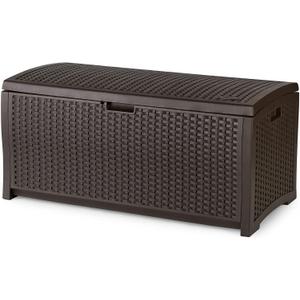 Suncast Outdoor Storage Box - 73 Gallon Mocha Brown Deck Box for Patio, weather-resistant Outdoor Storage Bench, Resin Wicker Style, Heavy-Duty, Lockable Lid for Cushions, Shoes, Pool & Garden Gear