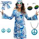 70s Hippie Dress Costumes Necklace Earrings Sunglass Women Disco Outfit, 60s Party Costume, Halloween Retro Dresses (Medium, Blue)